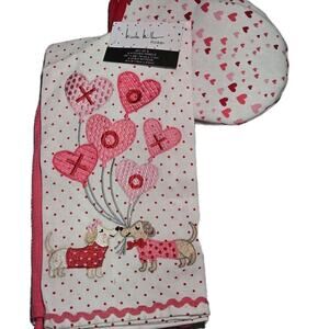 Nicole Miller Kichen Set 3 Towels W 2 Oven Mitts Dachshunds Hearts Pink LOVE NWT